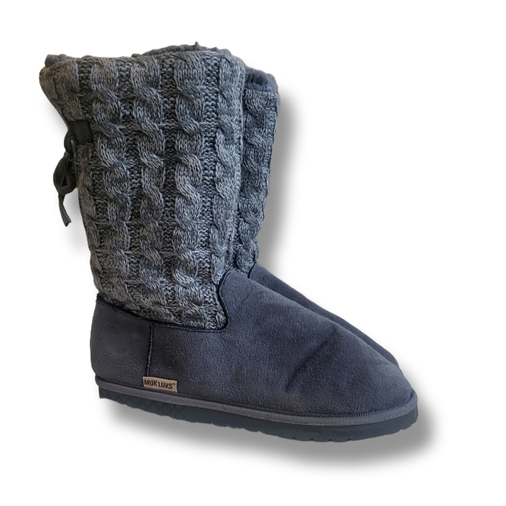 🌿Muk Luks Women's Size 9 Gray Sweater Cable Knit Fold Over Boots - Picture 4 of 13